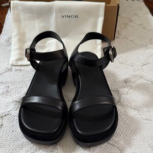 Vince Women's Heloise Ankle Strap Platform Black Leather Sandals - Brand New